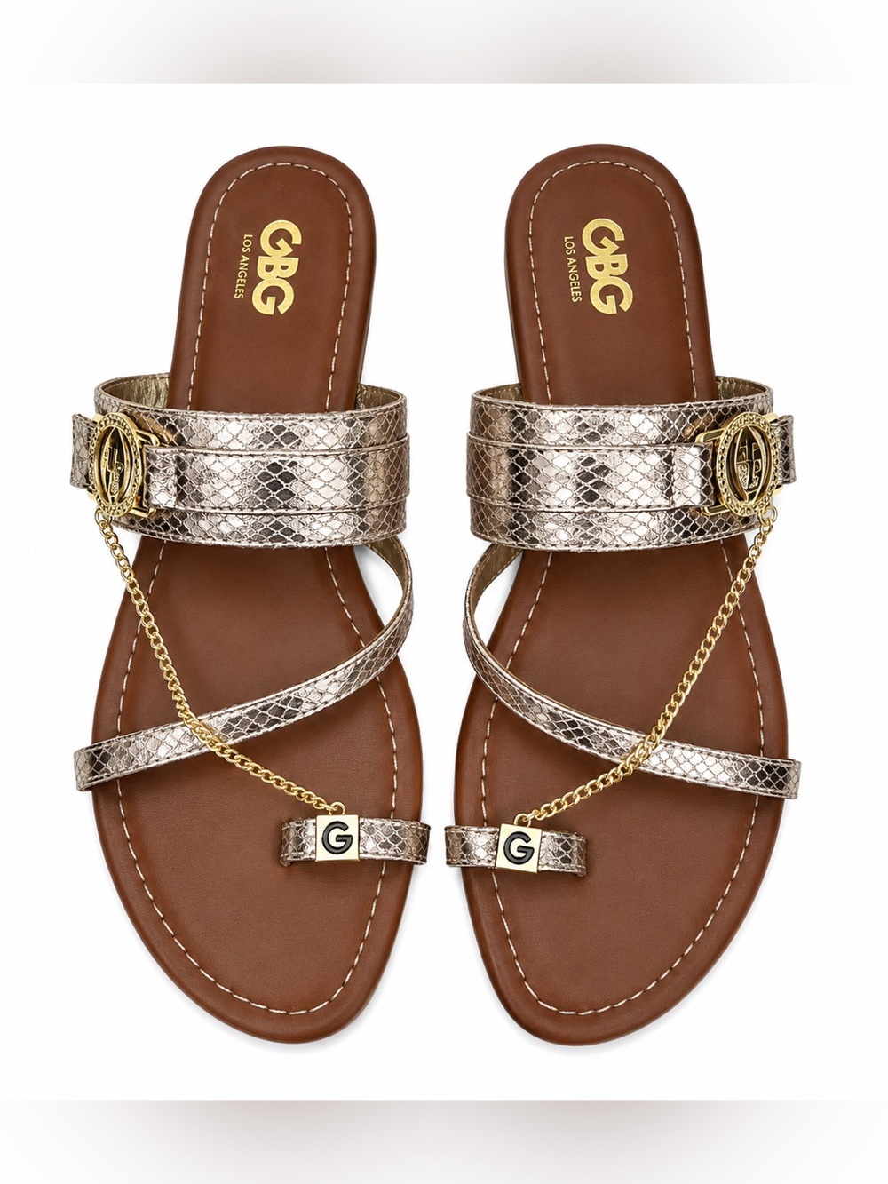 GBG Los Angeles Women’s Metallic Snake Print Chain Accent Slide Sandals. Size: 8
